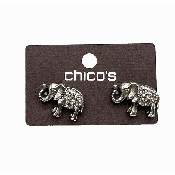 Chico's Silver Tone Rhinestone Elephant Studded Post Earrings Pierced Pair 3/4" - Picture 1 of 5